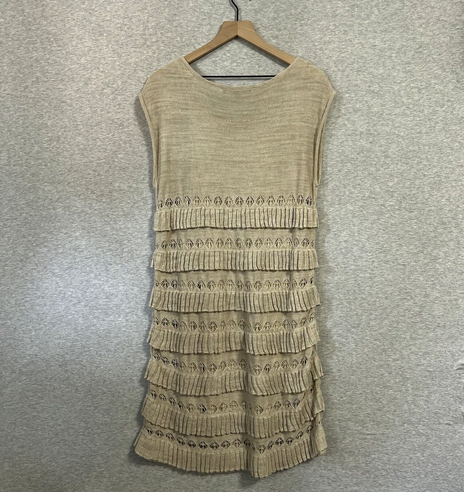 Cynthia Steffe Dress Womens Large Tan Tiered Ruffle Knit Flapper Sleeveless  - Image 2 of 4
