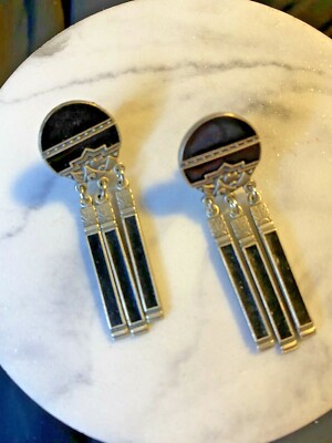 Duri Sun Drop Earrings Pierced Textured Silver Tone Onyx 1980s VTG
