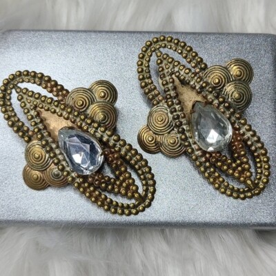 Retro 80 VINTAGE BRONZE CRYSTAL DOMED 80s STYLE CLIP ON EARRINGS main image 0