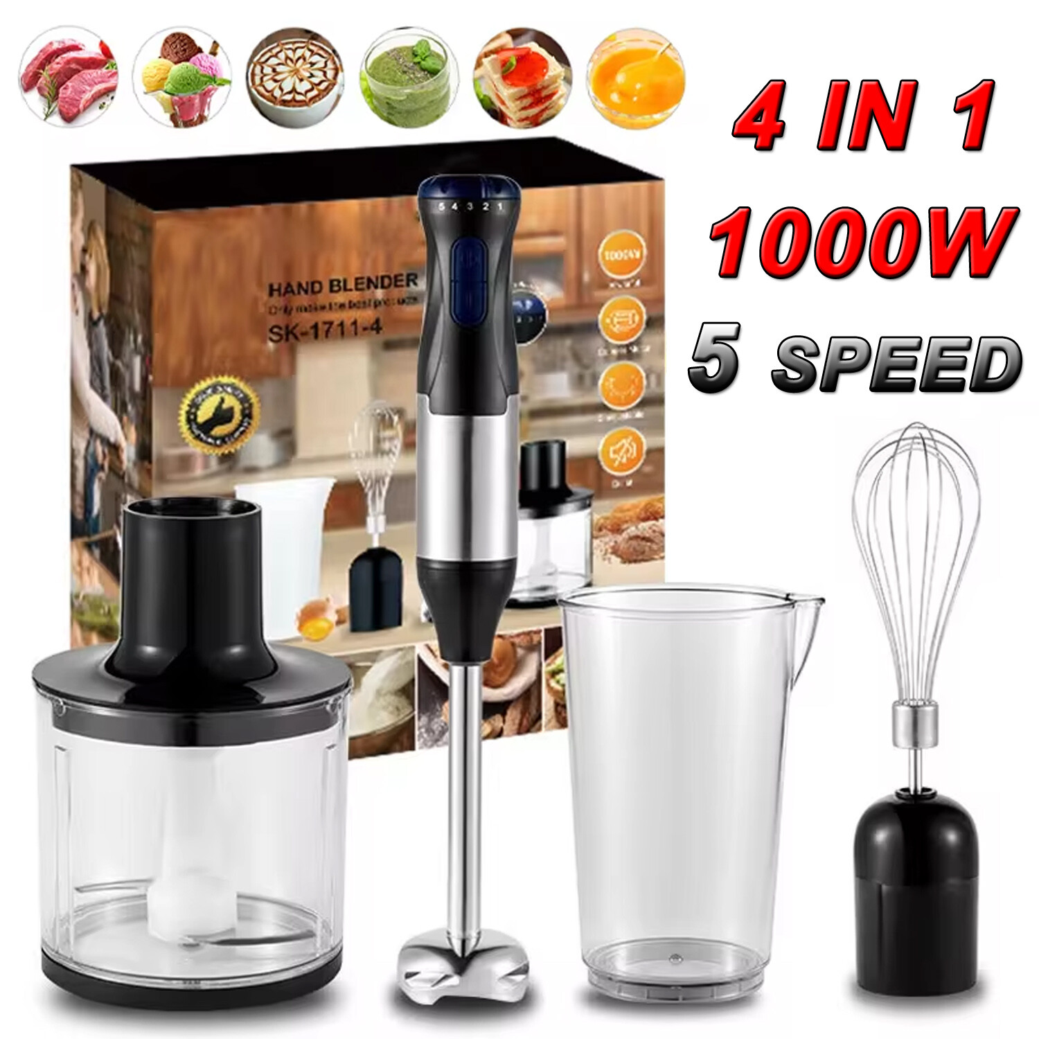 1000W Handheld Immersion Blender Electric Mixer Stainless St