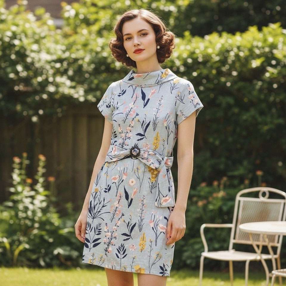 KNITTING TWIST dress 12 grey floral | short sleeve cotton | retro artisan design