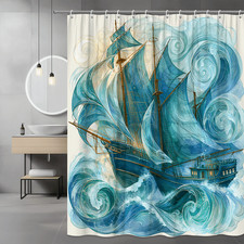 Ocean Ship Shower Curtain Blue Wave Sailboat Graphic