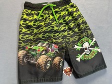 Monster Jam Grave Digger Kids Shorts Flames Truck Swim Trunks Size 6