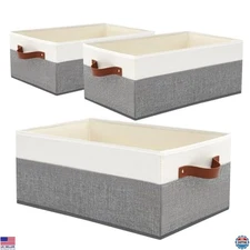 Stylish 3-Pack Grey Storage Bins - Large Fabric Organizers with Leather Handles