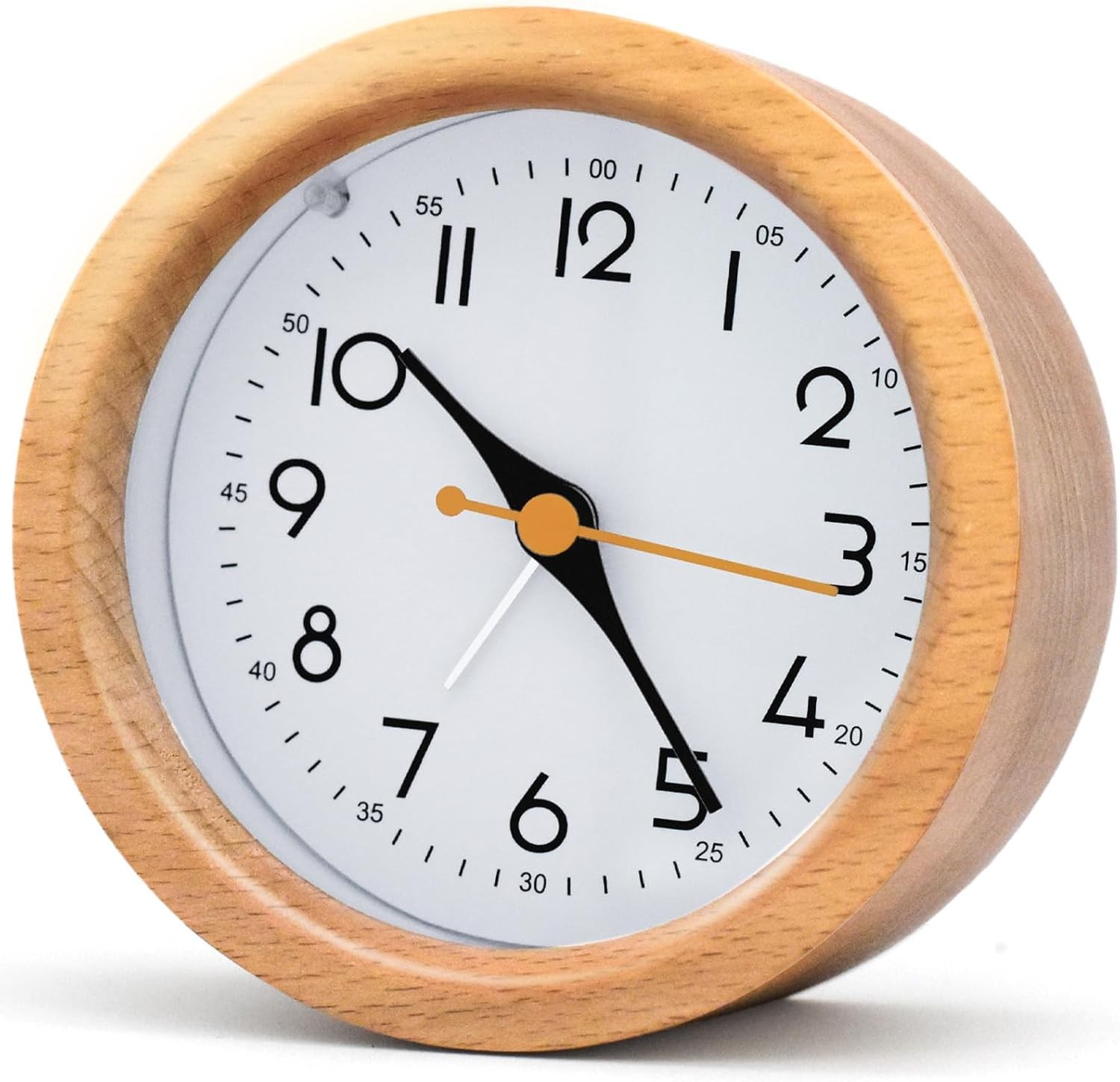 4'' Natural Wooden Analog Alarm Clock with Soft Night Light - Battery Operated