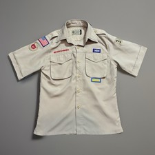 Boy Scouts of America BSA Youth Medium Khaki SS Shirt w. Cargo Pockets, Patches