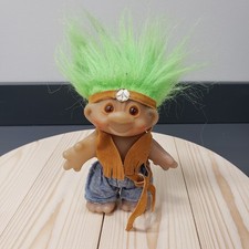 Vintage DAM Troll doll 1986 Hippie Green Hair Peace Sign Vest and Headband rare