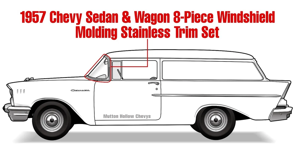 57 Chevy Sedan & Wagon 8-Piece Windshield Molding Stainless Trim Set 1957 New - Image 2 of 4