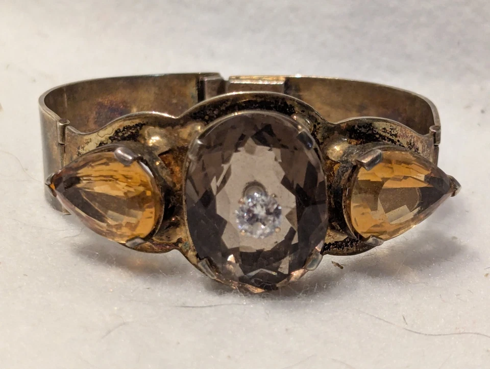 Vintage Gold Over Sterling Silver Faceted Huge Citrine & Smoky Quartz Bracelet - Image 3 of 4