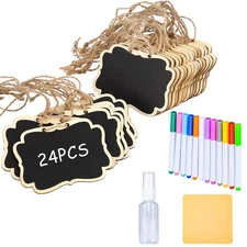 24 Pcs Reusable Mini Wood Chalkboards with Hanging String Erasable Double-Sided