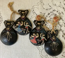 2 Vintage Castanets Hand Painted Black Carved Wooden Flamenco Dancers Colorful !