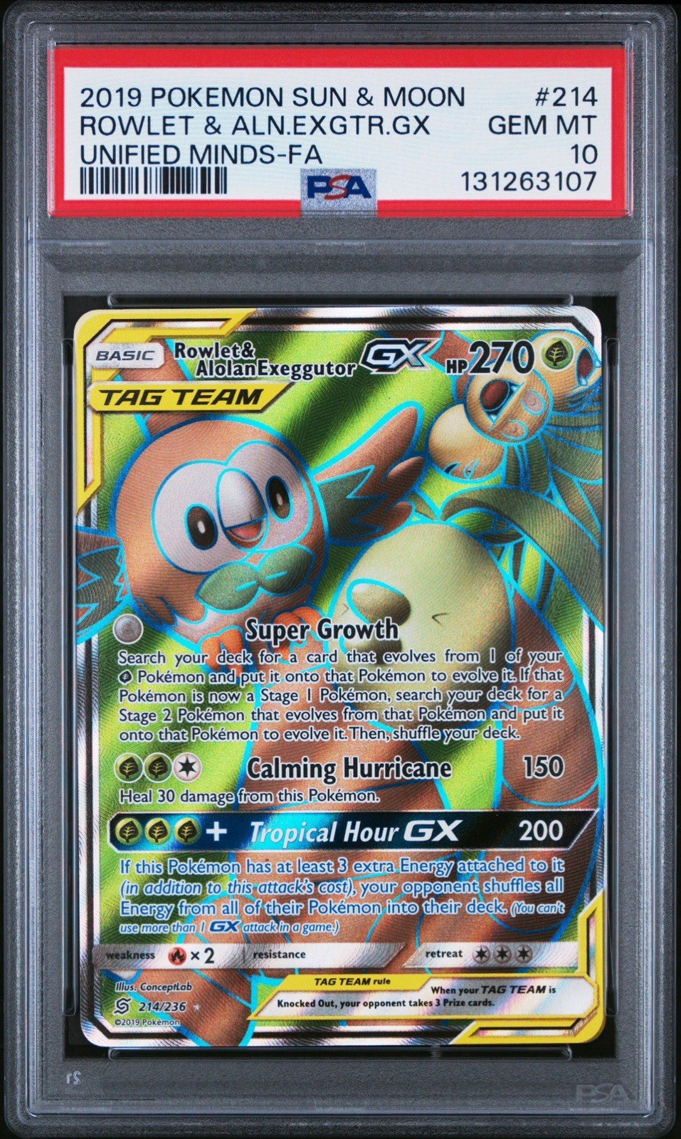 Pokemon Rowlet & Alolan Exeggutor GX Unified Minds Full Art #214 PSA 10 English