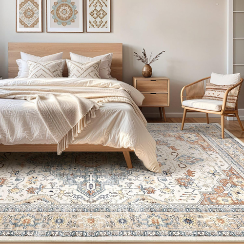 10X14 Area Rugs Living Room: Washable Boho Large Neutral Vintage Soft Rug Stain  - Picture 4 of 12