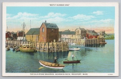 Rockport MA Old Stone Wharves Bearskin Neck Postcard  UNP J1187