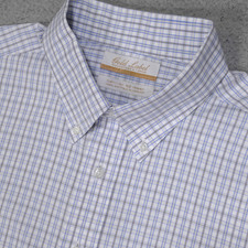 Roundtree Yorke Gold Label Shirt Mens 17-34 Blue Plaid Button Down Long Sleeve