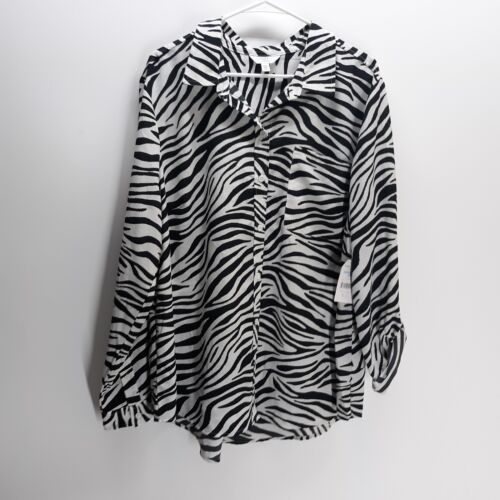 Time And Tru Womens Size Plus 3X 22 Zebra Print Button Up Shirt Long Sleeve NEW
