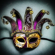 Jester Joker Venetian Musical Eye Mask with Bells Gold Purple Halloween Eye Mask