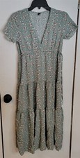 Womens 4 Shein Sage Green Multicolor Floral Print V-Neck Tieback Maxi Dress