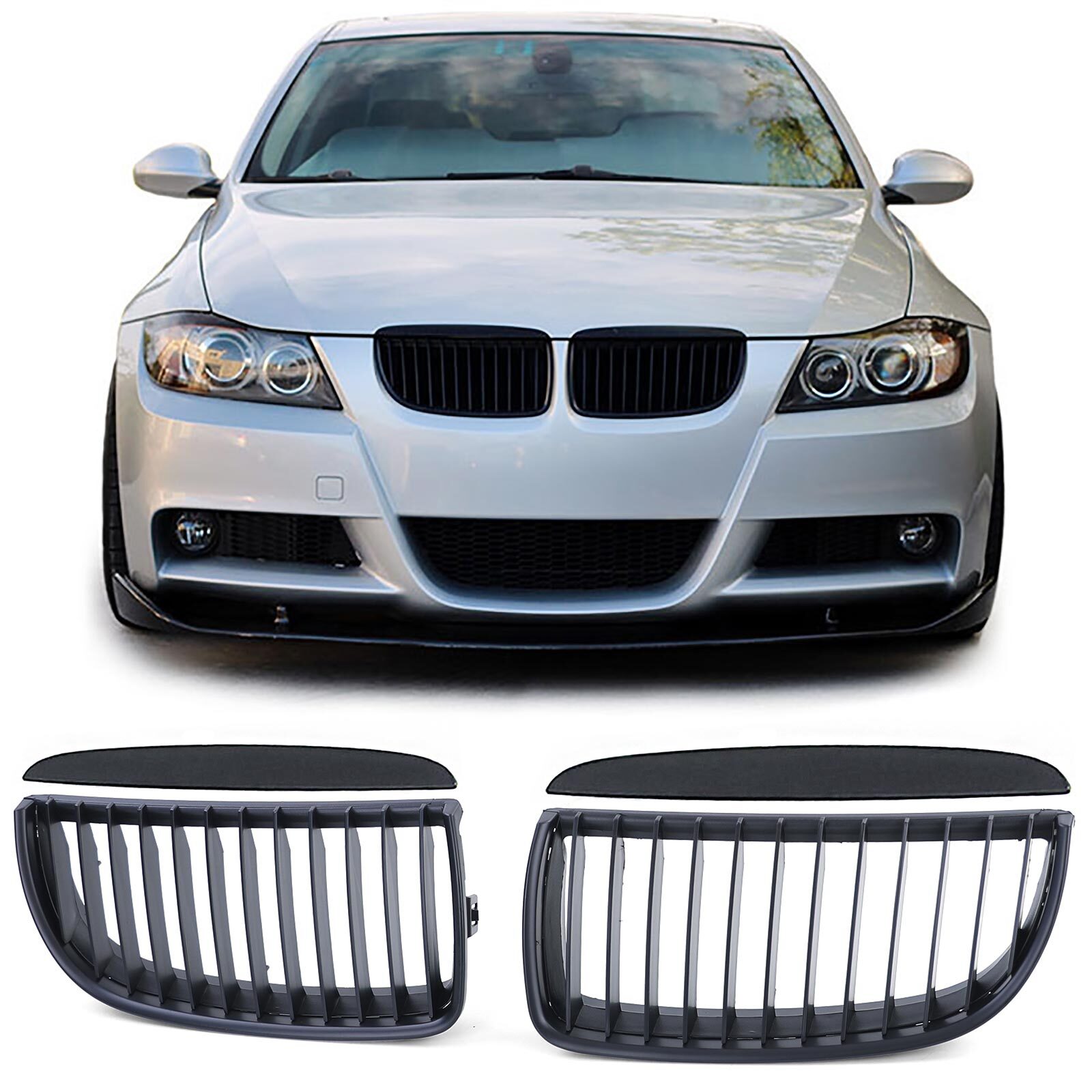 Calandre Noir Mat pour BMW Série 3 E90 E91 Berline et Touring Phase 1 de 2005 à 2008 en Paire