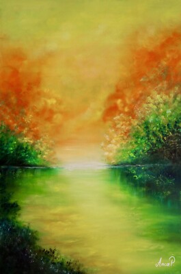 Landschaft Ölgemälde auf Leinwand, grün orange Gemälde, Original Gemälde, Öl