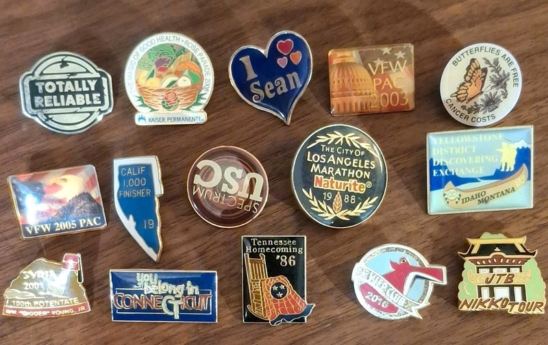 MIXED LAPEL PINS LOT OF 15, BUTTONS/PINS VFW, MARATHON, TRAVEL, VARIOUS, OTHERS 