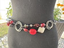 Chicos Belt Silver Tone Long Rope Link Chain Red Bead Faux Stone Adjustable NEW