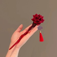 1pc Women Chinese Style Hair Stick Red Rose Tassel Fan Vintage Hair Accessory
