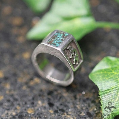 Amerikanische Ureinwohner geschmiedeter Kokopelli-Ring Sterlingsilber & Türkis-Inlay