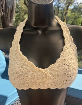 Triangle Ivory Cross Front Crochet Bikini Style Top Sz Medium Boho Bohemian Fest