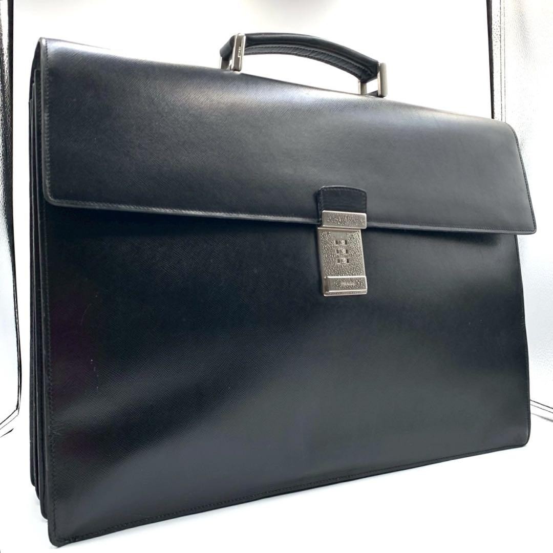 PRADA 2-Layer Saffiano Leather Briefcase Business Bag Black  