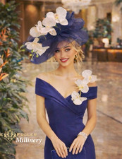 Royal Ascot Fascinator Kentucky Derby Hat Navy Blue White Orchid Hat Del Mar