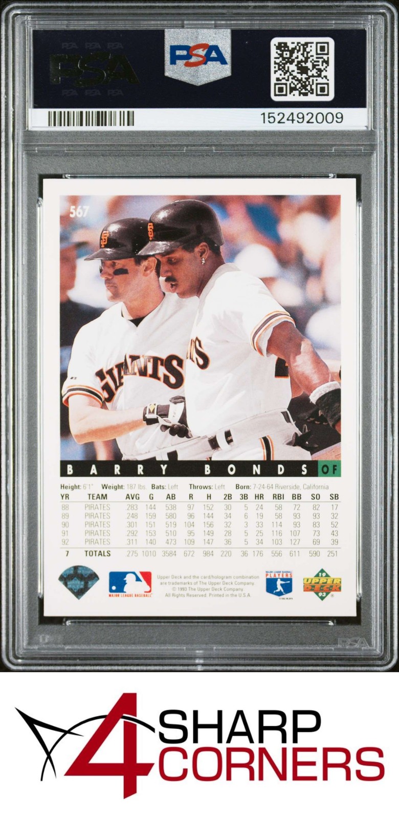 1993 UPPER DECK #567 BARRY BONDS GIANTS PSA 10 view 2