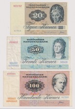 Denmark set of 3 banknotes 20-50-100 kroner, year 1972-1979 Banknotes
