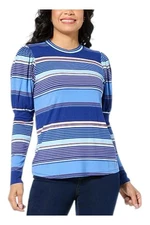 DG2 Women's Rib Striped Knit Juliet-Sleeve Top Marine Blue Multi