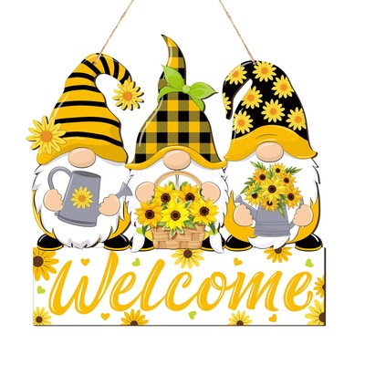 Sunflower Gnomes Welcome Sign Summer Welcome Hanging Sign Decorations Wreath