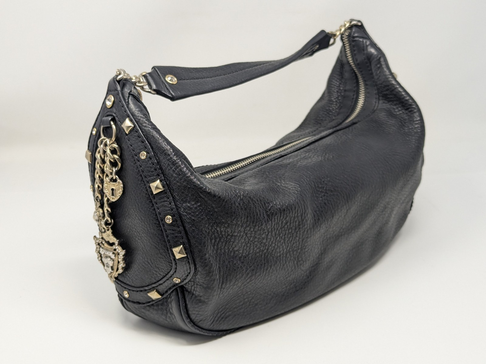 Juicy Couture Black Pebble Studded Shoulder Bag Zip Closure with Chain Bag Charm