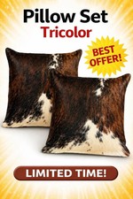 Set of 2 TRICOLOR Cowhide Pillow Covers Hair-On Leather Back, Rustic 15x15"