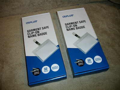 Two Boxes of (50) OS PLUS Garment Safe Clip-On Name Badges Durable Reusable NEW