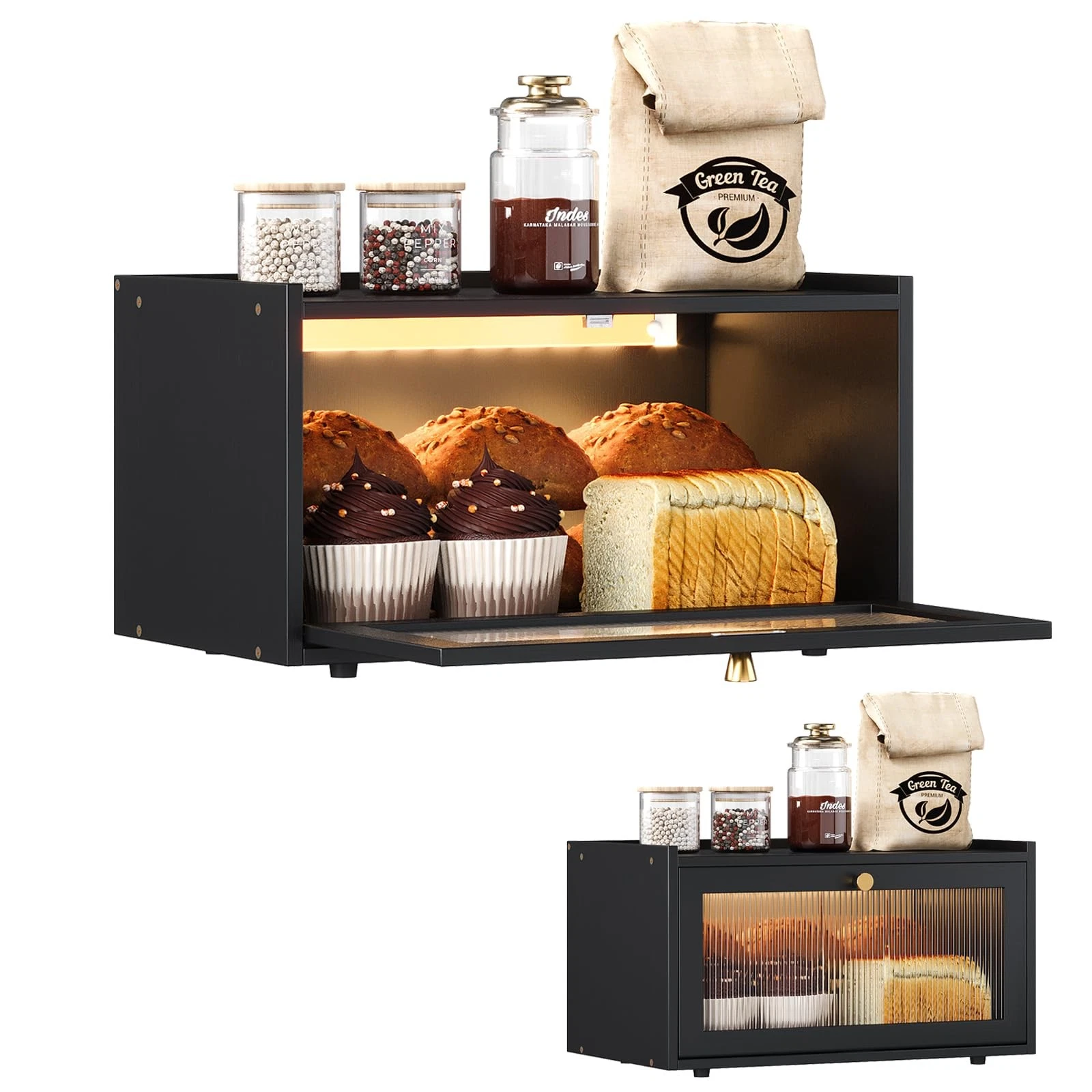 Bread with Light for Kitchen Counter Large Capacity Bread Storage Container K...