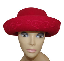 Vintage Jennifer Moore Bowler Derby Hat Italy 100 Wool Red Felt Embroidered
