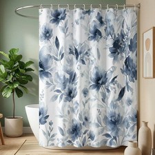 Watercolor Blue Floral Bath Curtain, Peony Shower Curtain with Waterproof Pol...