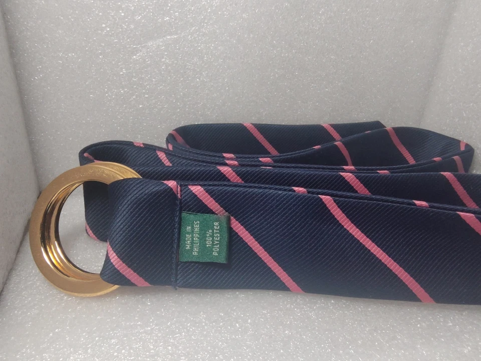 Ralph Lauren Blue Pink Fabric Belt Scarf Tie Embossed Brass Rings Approx 38.5" - Image 3 of 4