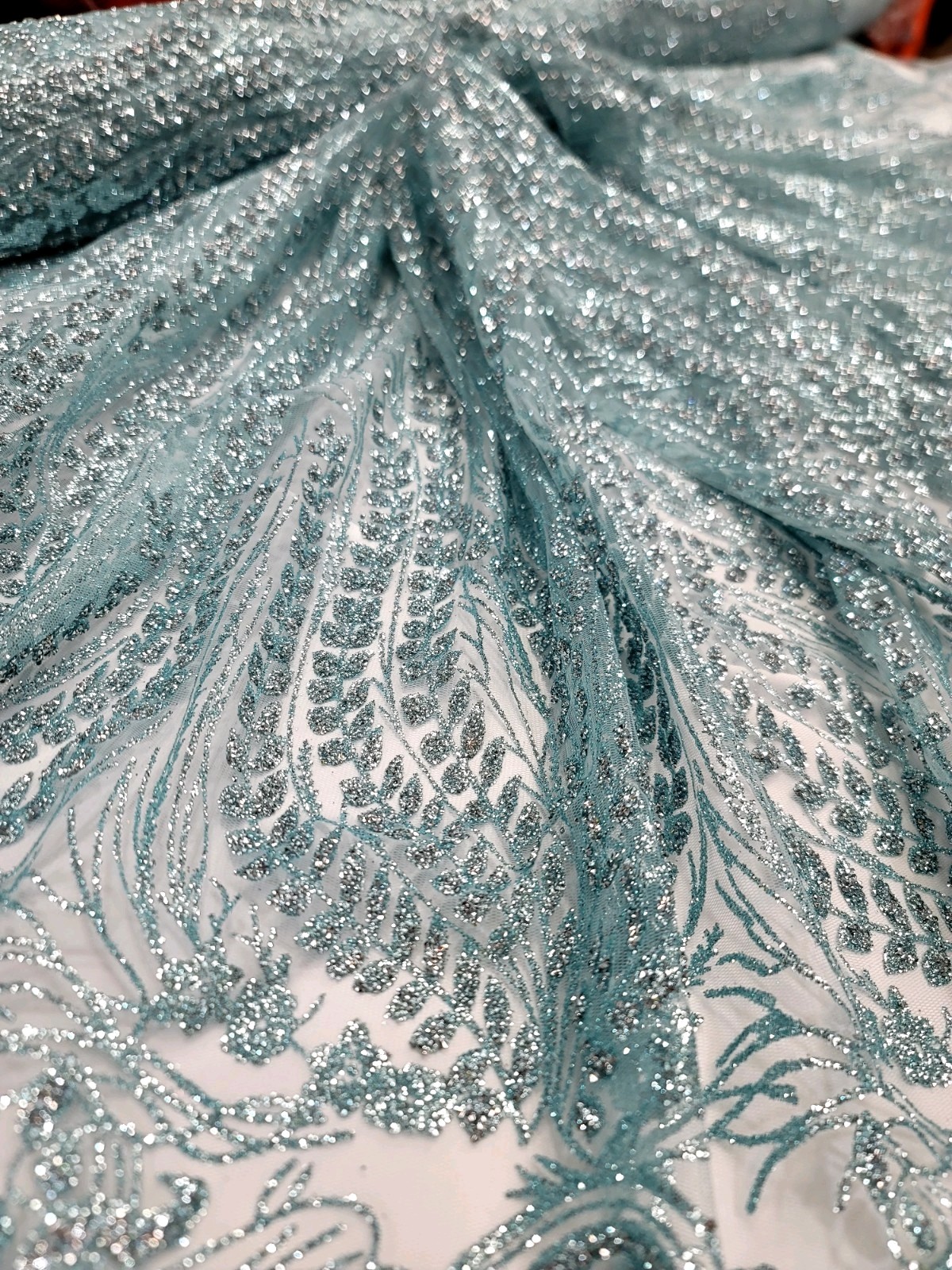Mint Glitter Lace Rhinestones Geometric Pattern Fashion Fabric Sold By The Yard 
