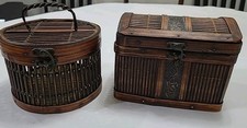 Set Of Two Bamboo Woven Rattan Storage Baskets With Latch Hinge