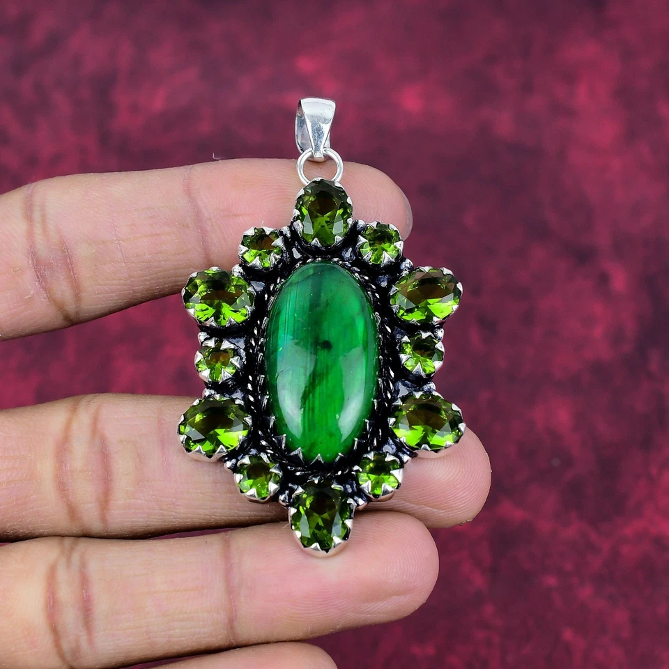Green Flash Labradorite & Peridot Gemstones Handmade 925 Sterling Silver Pendant - Image 3 of 4