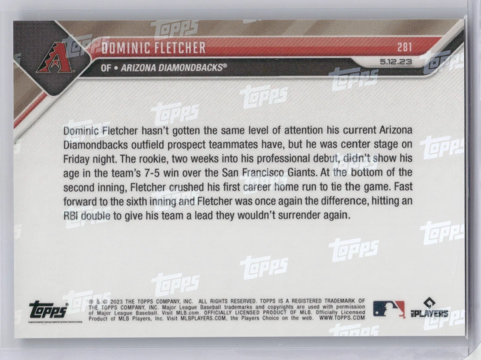 🟦 DOMINIC FLETCHER Rookie 1st HR 2023 Topps Now 281 Diamondbacks BLUE 23/49 📈 - Image 2 of 2