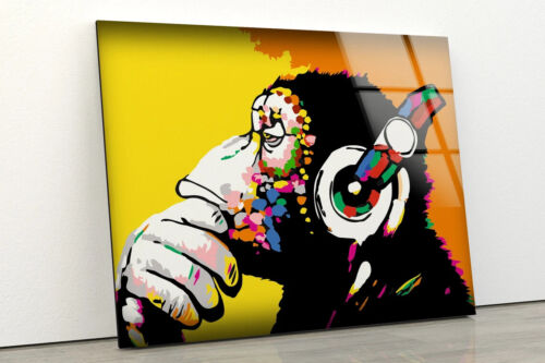 Colorful Monkey with Earphones Acrylic Glass Print Tempered Glass Wall