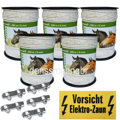 1000 m Weidezaunseil 6 mm,6 Niro+5 Verbinder+Warnschild Seil Weidezaun