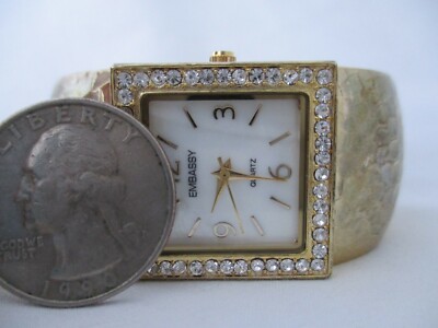 Embassy Gold and Silver Square Dial Cuff Watch with Crystal Embellishments Embassy White Dial Crystal Accent Square Silver Tone Case  main image 4