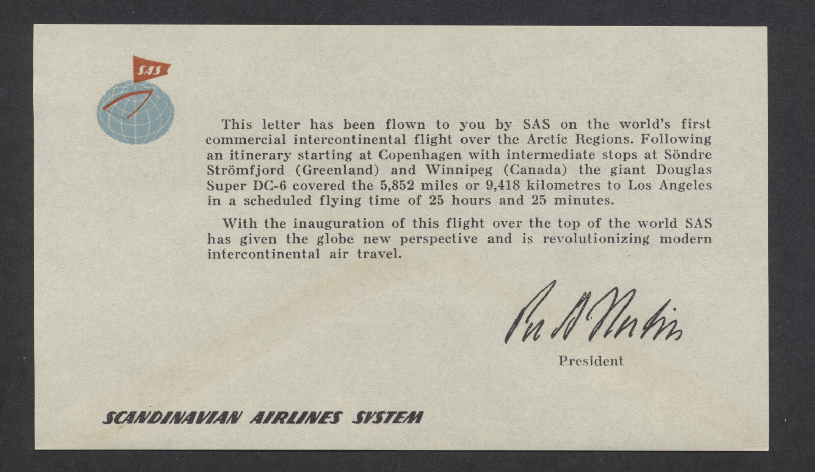 1954 Set of 4 SAS Flight Covers to Los Angeles +Inserts +Letter